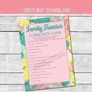 Family Reunion Game Printable, Reunion Icebreaker Game, Summer Family Reunion Game, Find Someone Who Game, Family Member Bingo