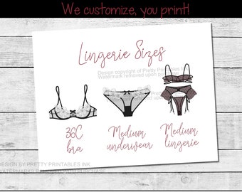 Lingerie Size Insert Printable | Lingerie Size Card | Lingerie Shower Insert | Lingerie Shower Size Card | Bride's Measurements Insert