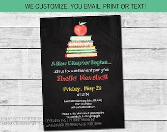 Teacher retirement invitation, new chapter begins retirement invitation, school retirement party invitation, school party invitation