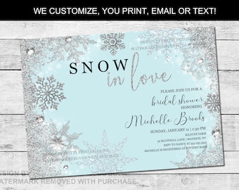 Winter Bridal Shower Invitation - Snow In Love (Printable), Snowflake Bridal Shower Invite, Winter Wonderland Bridal Shower Invite