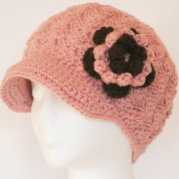 Womens Hat - Pink brimmed cap with flower