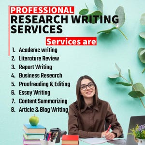 May include: Image promoting professional research writing services. Text includes "PROFESSIONAL RESEARCH WRITING SERVICES" and a list of services: academic writing, literature review, report writing, business research, proofreading, essay writing, content summarizing, and article writing.