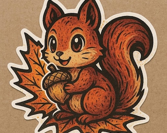 Puede incluir: Una pegatina con una ardilla de dibujos animados sosteniendo una bellota, sentada sobre una hoja de otoño. La ardilla es marrón y naranja con una cola esponjosa. La hoja es naranja y marrón con contornos negros.