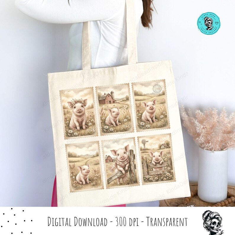 May include: Beige tote bag featuring six postage stamp-style illustrations of pigs in a sepia tone. The illustrations depict pigs in various pastoral settings. The words "DIGITAL DOWNLOAD - 300 DPI - TRANSPARENT" are printed at the bottom of the bag.