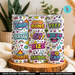 Gen Z Slang Seamless 20 oz tumbler png, Y2K Aesthetic sublimation, Trendy Internet Words, Meme Culture Design, Drip Rizz Yeet Bussin