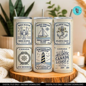 Atlantic Canada Vintage Postage Stamps 20 oz tumbler Digital png, Nautical Coastal Decor Printables, Nova Scotia, PEI, Newfoundland
