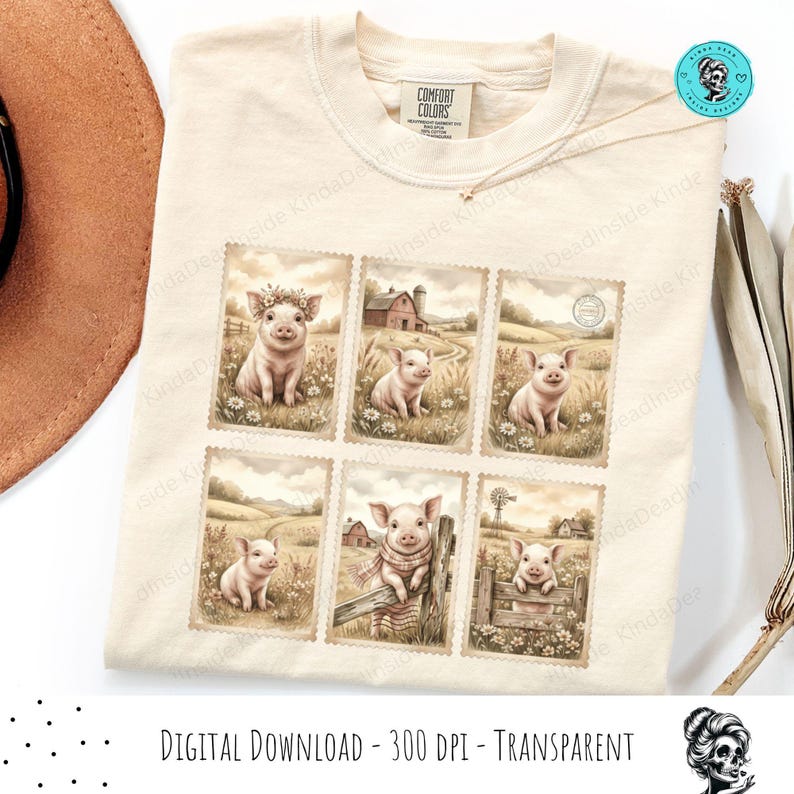 May include: Cream-colored t-shirt featuring a collage of six postage stamp-style illustrations of pigs in a rural setting. Each pig is depicted in a different pose, with a barn and windmill in the background. The shirt has a Comfort Colors tag.