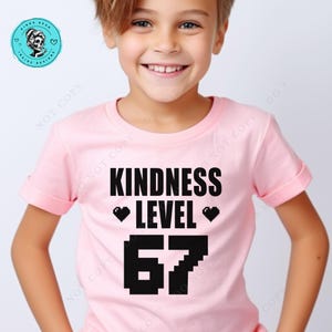 May include: A pink t-shirt featuring the words "KINDNESS LEVEL 67" in black. The design includes two black hearts and the number 67 in a pixelated font. The shirt has short sleeves and a round neck.