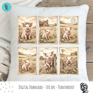May include: A white pillow featuring six postage stamp-style illustrations of pigs in a pastoral setting. The pigs are depicted in various poses, surrounded by flowers and rural landscapes. The text "DIGITAL DOWNLOAD - 300 DPI - TRANSPARENT" is at the bottom.