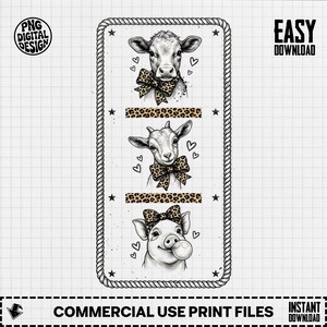 Könnte beinhalten: Schwarz-Weiß-Illustration mit einer Kuh, einer Ziege und einem Schwein, jeweils mit einer Schleife im Leopardenmuster. Das Design umfasst Herzen und Sterne, umrahmt von einem Seilrand. Text enthält "PNG DIGITAL DESIGN", "EASY DOWNLOAD" und "COMMERCIAL USE PRINT FILES INSTANT DOWNLOAD".