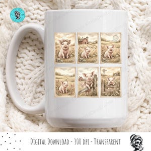 May include: White ceramic mug featuring six postage stamp-style illustrations of adorable pigs in a pastoral setting. The pigs are depicted in various poses, with a farmhouse and windmill in the background. The mug has a large handle and the text "DIGITAL DOWNLOAD - 300 DPI - TRANSPARENT".