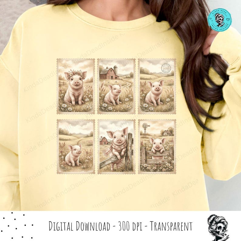 May include: A light yellow sweatshirt featuring a grid of six postage stamp-style images. Each stamp depicts a cute piglet in a pastoral setting. The text "DIGITAL DOWNLOAD - 300 DPI - TRANSPARENT" is at the bottom.