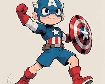 Chibi Captain America Art – Kids Superhero JPG & PNG (Digital Download)