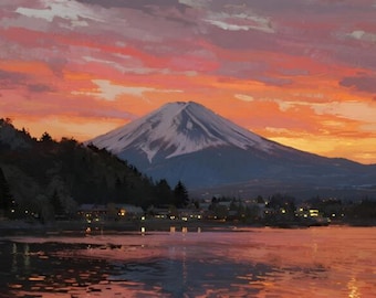 Arte digital do pôr do sol no Monte Fuji - Download instantâneo - Arte de parede com paisagem japonesa