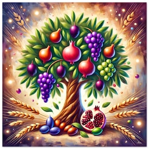 May include: A vibrant painting of a fruit tree laden with pomegranates, grapes, and other fruits. The tree's trunk is brown, with green leaves and colorful fruits. Wheat stalks frame the image, with a soft, glowing background.