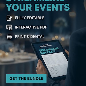 May include: Digital event templates with the text "STREAMLINE YOUR EVENTS." The image shows a tablet displaying a form. The templates are fully editable, interactive PDF, and print & digital.