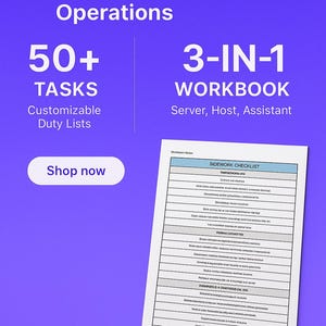 Puede incluir: Un fondo morado con texto blanco que dice "Streamline Front-of-House Operations". La imagen también incluye el texto "50+ TASKS" y "3-IN-1 WORKBOOK". Una lista de verificación es visible con el texto "SIDEWORK CHECKLIST".