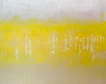 May include: Abstract painting with a textured surface. The artwork features a gradient of colors, transitioning from a light cream at the bottom to a bright yellow in the middle, and fading to white at the top. Vertical brushstrokes add texture.