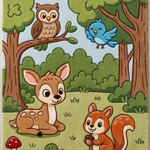 Hand Tufted Wool Rug: Woodland Animals, Forest Scene, Nursery Decor