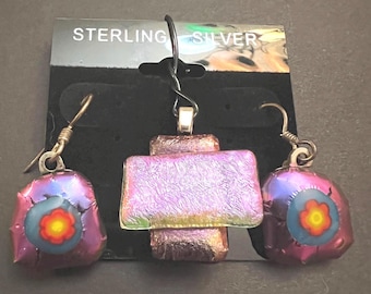 Handmade fused dichroic glass earrings with matching pendant - 925 - earrings - one-of-a-kind