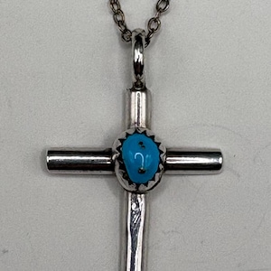 Vintage Navajo Sterling Silver Turquoise Cross Necklace Signed R Chee Native American Jewelry