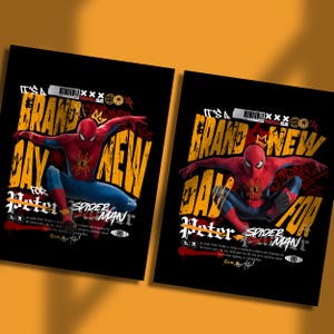 May include: Two identical rectangular posters featuring a central illustration of Spider-Man in a crouched pose. The text reads "IT'S A BRAND NEW DAY FOR PETER PARKER SPIDER-MAN" in bold yellow and white lettering against a black background with red accents.
