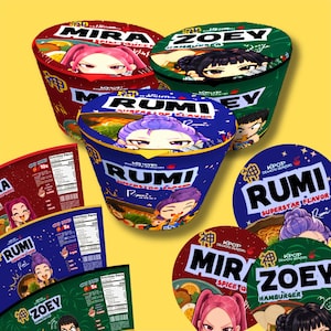 KPop Demon Hunter Ramen Cup Wrapper PNG Bundle, Huntrix Cup Noodle Printable, Lid & Cup Wrap Template, Digital Download, Rumi Mira Zoey
