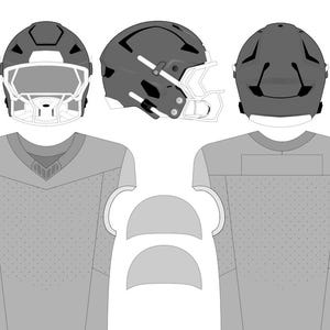 May include: An illustration of a football uniform set, including a helmet and jersey. The helmet is gray with a white face mask. The jersey is gray with a dotted pattern and a V-neck design. The image is a technical drawing.