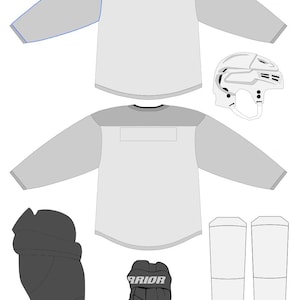 May include: A hockey uniform set, featuring two jerseys, a helmet, gloves, and socks. The jerseys are light gray with darker gray accents. The helmet is white, and the gloves are black with the word "Warrior" visible. The socks are white.