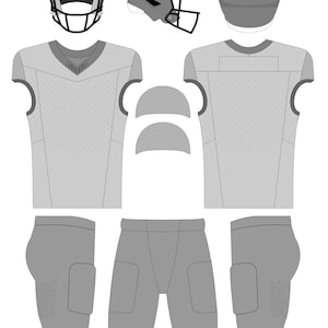 May include: A gray football uniform set, including a helmet, jersey, and pants. The helmet has a black facemask. The jersey has a V-neck and perforated detailing. The pants have padding on the thighs and knees.