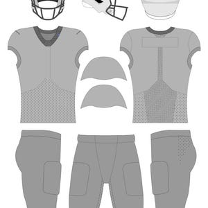 May include: A gray football uniform set, including a helmet, shoulder pads, jersey, and pants. The jersey and pants have padded areas. The helmet has a face mask. The uniform is designed for athletic use.
