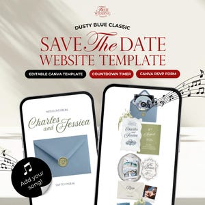 Dusty Blue Wedding Website Template with Music RSVP Countdown Timer Editable Old Money Canva Site Digital Invitation Classic Wedding