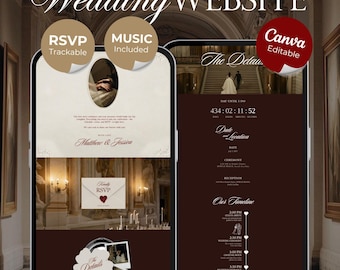 Old Money Wedding Website Template with RSVP, Music and Countdown Timer: Classic Burgundy Digital Invitation