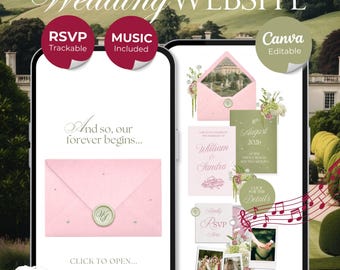 Pink & Green Floral Wedding Website Template with RSVP, Music and Countdown Timer: Editable Canva Design (Digital Download)