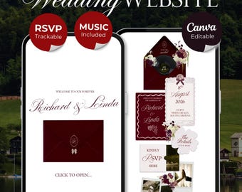 Burgundy Floral Wedding Website Template with RSVP, Music and Countdown Timer: Editable Canva Design (Digital Download)