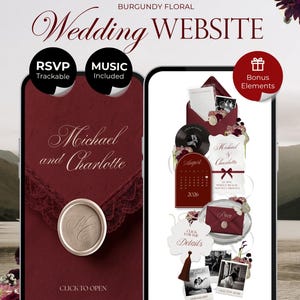 Peut inclure: Un modèle de site web de mariage au thème floral bordeaux affiché sur deux smartphones. Les écrans présentent du texte incluant Michael and Charlotte, RSVP, Music Included et Bonus Elements, avec un sceau de cire et un calendrier.