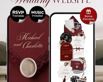 Burgundy Wedding Website Template | Digital Wedding Invitation with RSVP, Music and Countdown Timer | Instant Download