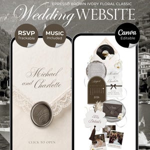 Op de afbeelding: Een bewerkbare trouwwebsite-sjabloon met een ivoorkleurig en espressobruin bloemendesign. Het ontwerp bevat digitale uitnodigingselementen zoals een waszegel, RSVP-kaarten, een kalender en fotolijsten op twee smartphone-schermen met tekst.