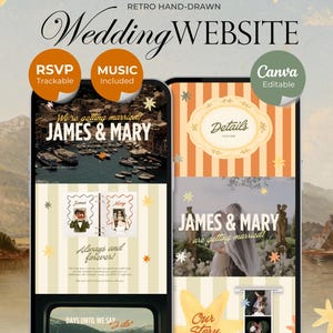 Plantilla colorida de página web de boda retro / Invitación de boda digital con confirmación de asistencia, música y temporizador de cuenta regresiva / Descarga instantánea