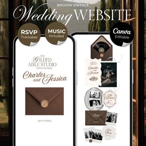 Könnte beinhalten: Eine digitale Hochzeits-Website-Vorlage im braunen Vintage-Stil. Die Benutzeroberfläche zeigt Text wie The Gilded Aisle Studio, Charles and Jessica, August 8th 2026, RSVP und Our Story. Sie enthält Symbole für nachverfolgbare RSVP und Musik.