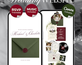 Olive Green & Burgundy Floral Wedding Website Template with RSVP, Music and Countdown Timer: Editable Canva Design (Digital Download)
