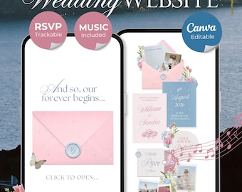 Blush Pink & Blue Floral Wedding Website Template with RSVP, Countdown and Music: Editable Canva Design (Digital Download)