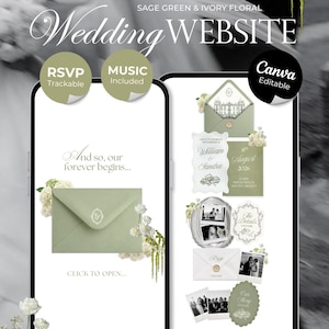 Sage Green & Ivory Floral Wedding Website Template with RSVP, Music and Countdown Timer: Editable Canva Design (Digital Download)