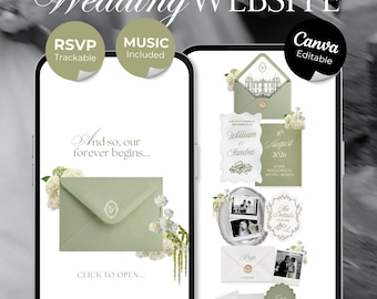 Sage Green & Ivory Floral Wedding Website Template with RSVP, Music and Countdown Timer: Editable Canva Design (Digital Download)