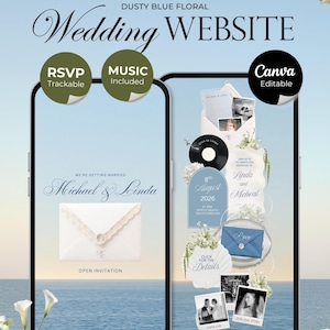 Dusty Blue Floral Wedding Website Template | Digital Wedding Invitation with RSVP, Music and Countdown Timer | Instant Download