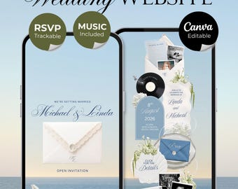 Dusty Blue Floral Wedding Website Template | Digital Wedding Invitation with RSVP, Music and Countdown Timer | Instant Download