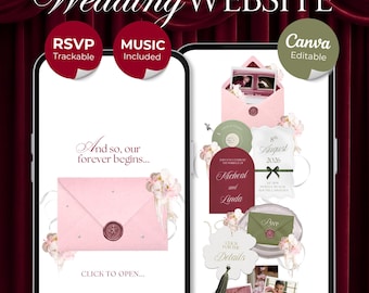 Burgundy, Green & Pink Floral Wedding Website Template with RSVP, Music and Countdown Timer: Editable Canva Design (Digital Download)