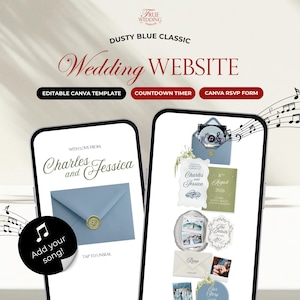 Dusty Blue Wedding Website Template with Music RSVP Countdown Timer Editable Old Money Canva Site Digital Invitation Classic Wedding