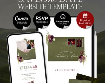 Olive Green & Burgundy Save the Date Website with RSVP, Countdown Timer: DIY Canva Template (Digital Download)