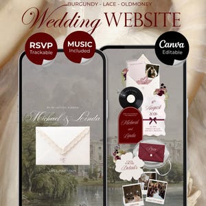May include: A digital wedding website template displayed on two smartphones, featuring burgundy and lace accents. The interface includes text for Michael and Linda, RSVP and music options, event details for 8 August 2026, and photo placeholders.